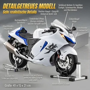 Details des Motorradmodells Suzuki Hayabusa 1:6: Licht, Rauch, Hupe, Ständer und Größe