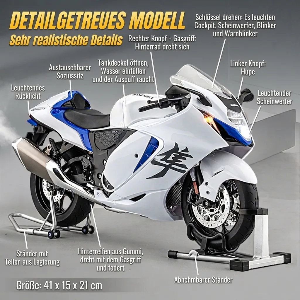 Details des Motorradmodells Suzuki Hayabusa 1:6: Licht, Rauch, Hupe, Ständer und Größe
