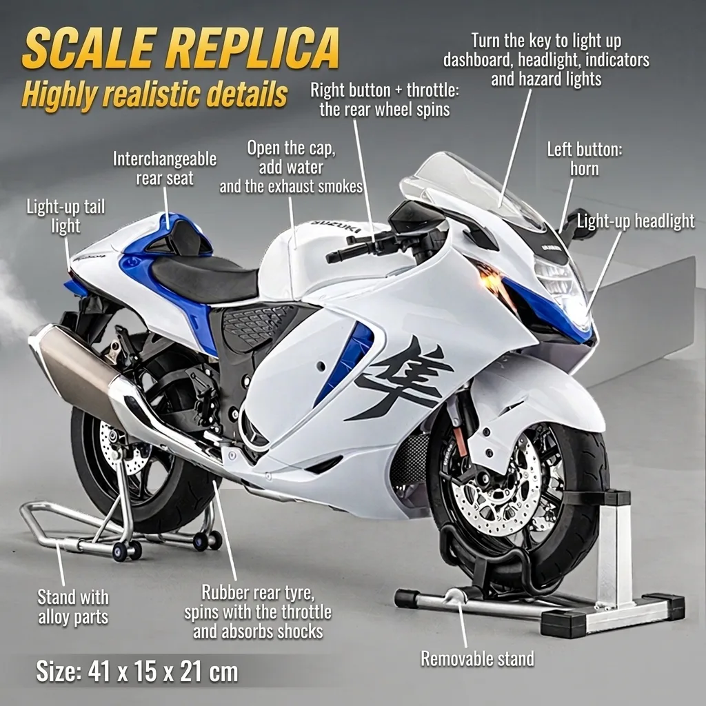 1:6 scale Suzuki Hayabusa model details: lights, smoke, horn, stands and size