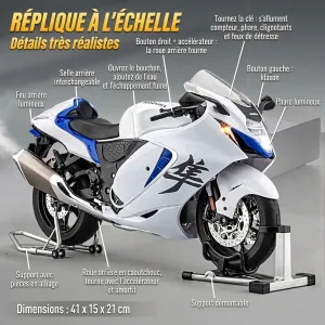 Détails de la moto miniature 1:6 Suzuki Hayabusa : feux, fumée, klaxon, supports et dimensions