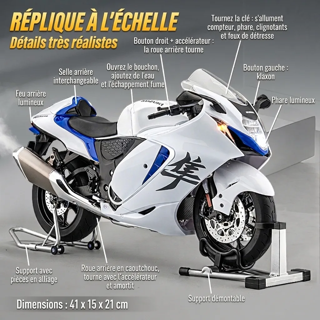 Détails de la moto miniature 1:6 Suzuki Hayabusa : feux, fumée, klaxon, supports et dimensions