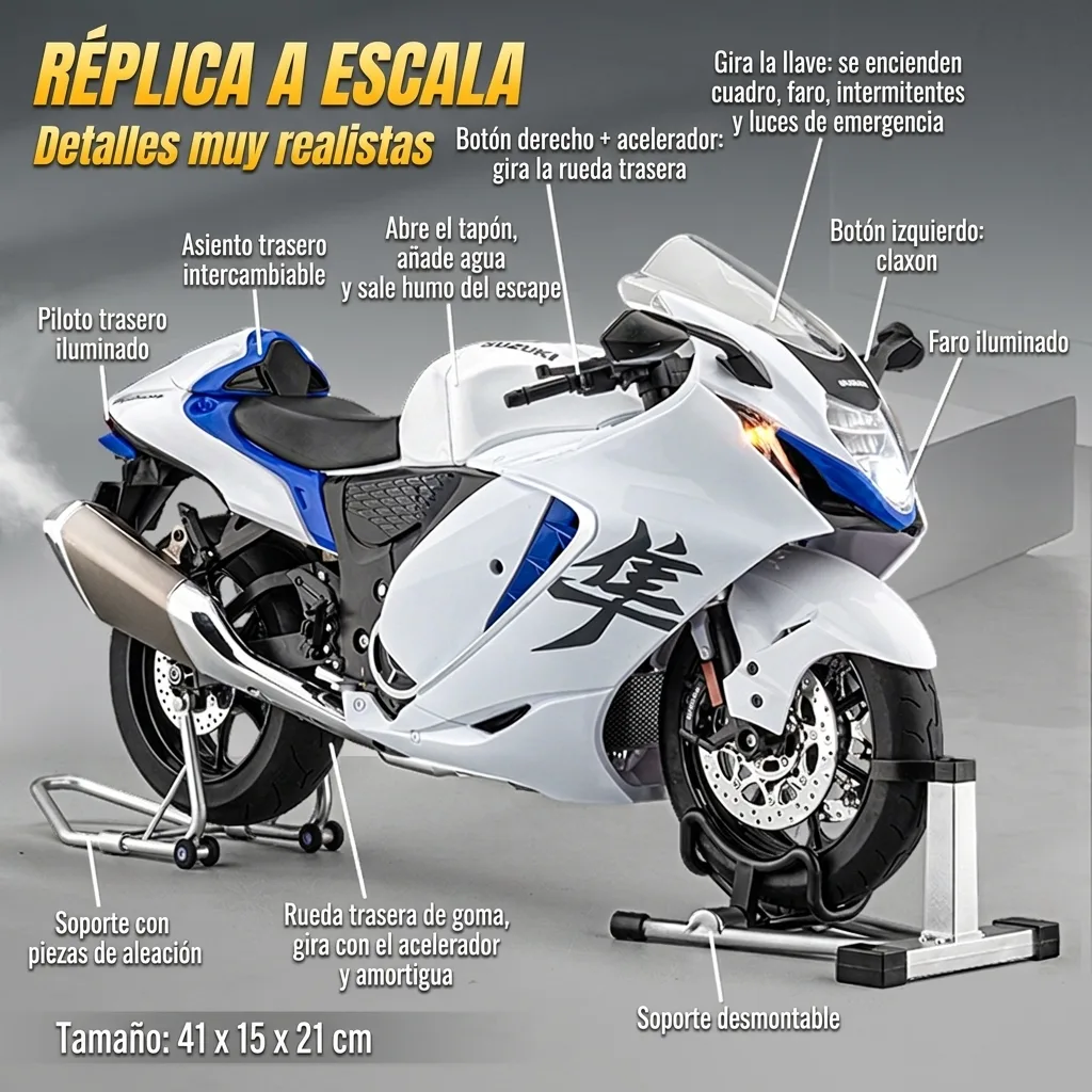 Detalles de la moto a escala 1:6 Suzuki Hayabusa: luces, humo, claxon, soportes y medidas