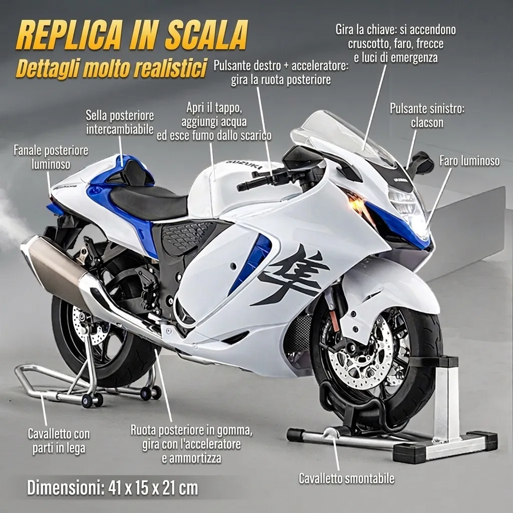 Dettagli della moto in scala 1:6 Suzuki Hayabusa: luci, fumo, clacson, cavalletti e dimensioni