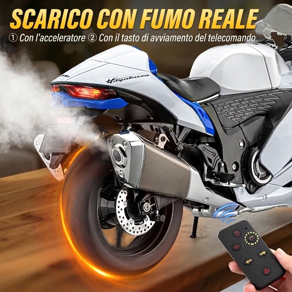 Scarico con fumo della moto in scala 1:6 Suzuki Hayabusa