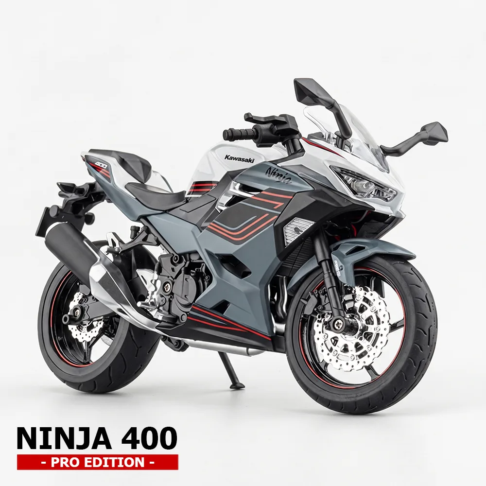 Moto a escala 1:9 Kawasaki Ninja 400 gris y blanca - Edición Pro MoScale