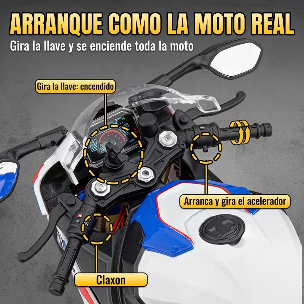 Arranque con llave de la moto a escala 1:6 BMW S1000RR, como la moto real