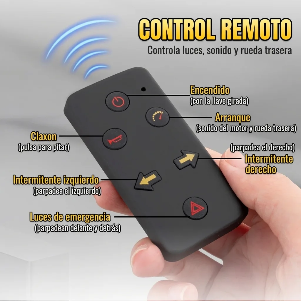 Control remoto de la moto a escala 1:6 BMW S1000RR: encendido, arranque, claxon, intermitentes y luces de emergencia
