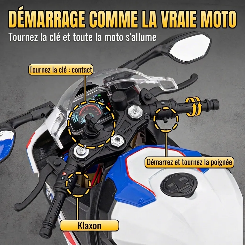 Démarrage à clé de la moto miniature 1:6 BMW S1000RR, comme la vraie moto
