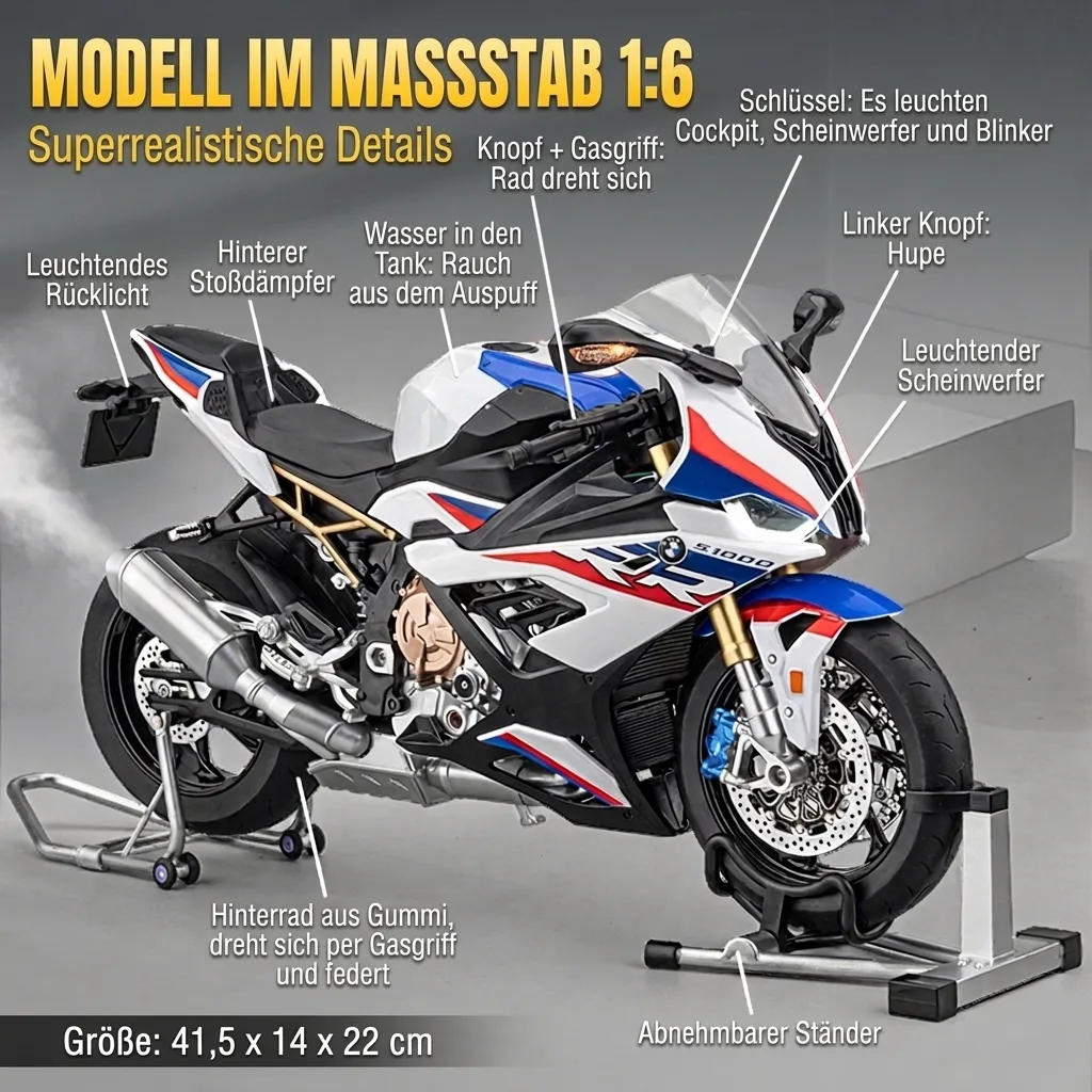 Details des Motorradmodells BMW S1000RR 1:6: Licht, Rauch, Hupe, Stoßdämpfer, Ständer und Größe