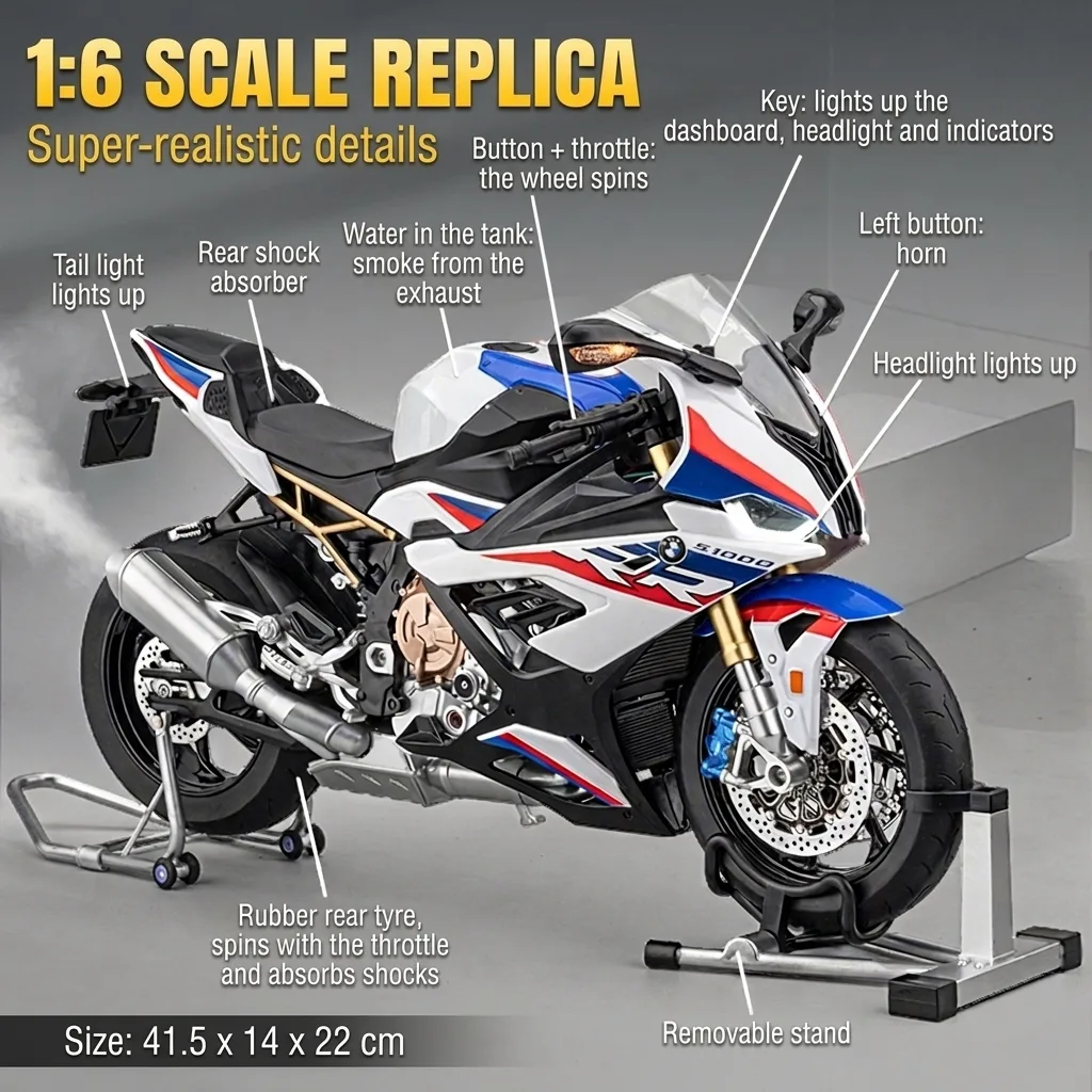 Details of the 1:6 scale BMW S1000RR model motorcycle: lights, smoke, horn, shock absorber, stands and size