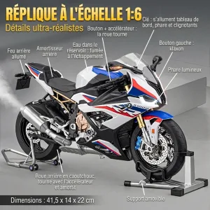 Détails de la moto miniature 1:6 BMW S1000RR : feux, fumée, klaxon, amortisseur, supports et dimensions