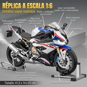 Detalles de la moto a escala 1:6 BMW S1000RR: luces, humo, claxon, amortiguador, soportes y medidas