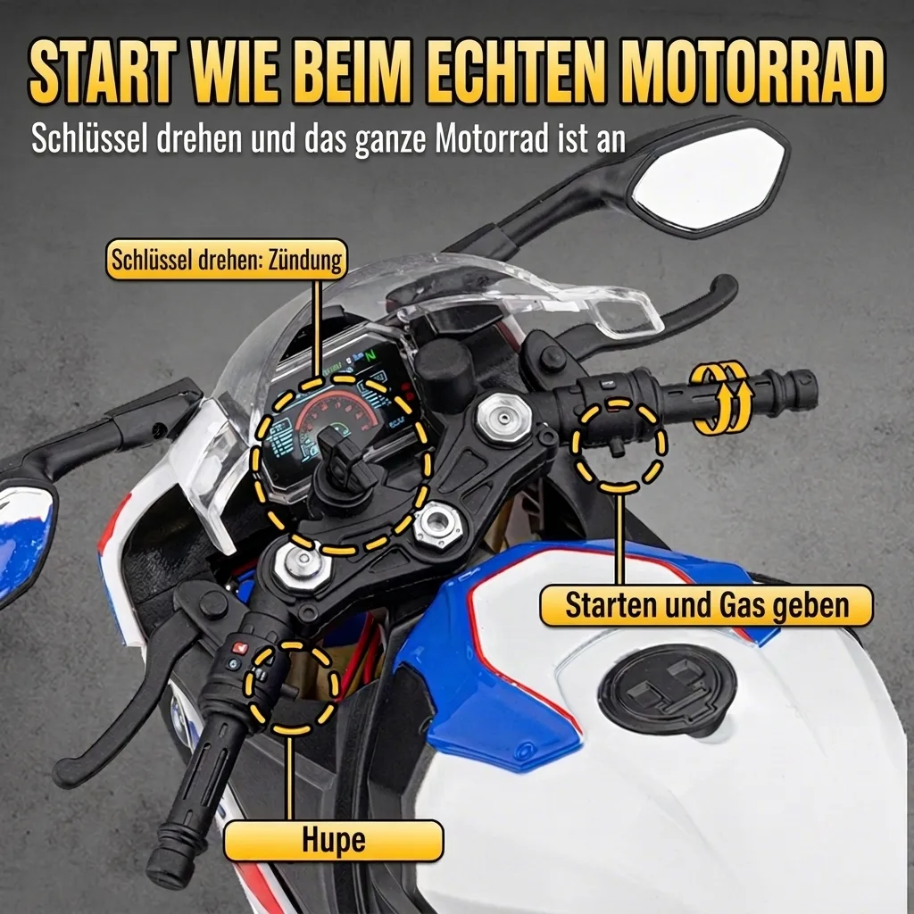 Schlüsselstart des Motorradmodells BMW S1000RR 1:6, wie beim echten Motorrad