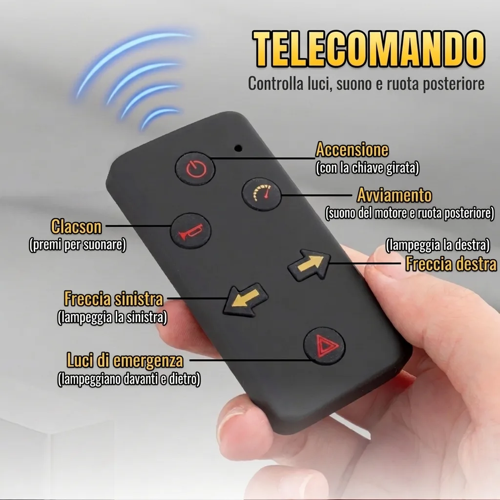Telecomando della moto in scala 1:6 BMW S1000RR: accensione, avviamento, clacson, frecce e luci di emergenza