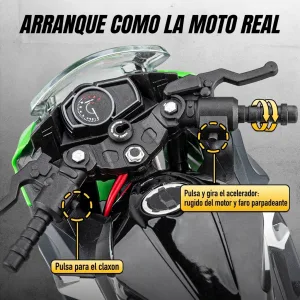 Arranque realista de la moto a escala 1:9 Kawasaki Ninja 400: rugido del motor, faro y claxon