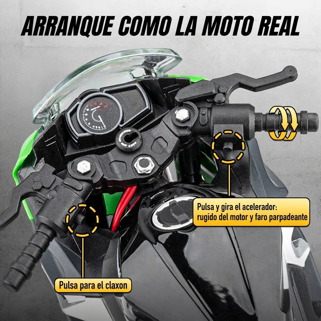 Arranque realista de la moto a escala 1:9 Kawasaki Ninja 400: rugido del motor, faro y claxon