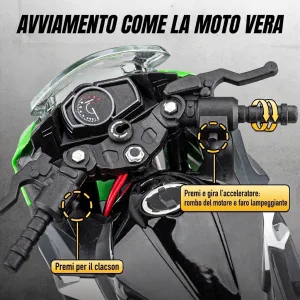 Avviamento realistico della moto in scala 1:9 Kawasaki Ninja 400: rombo del motore, faro e clacson