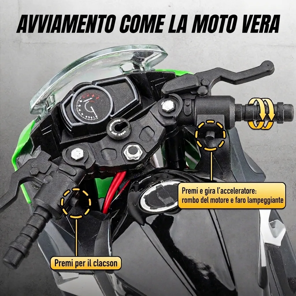 Avviamento realistico della moto in scala 1:9 Kawasaki Ninja 400: rombo del motore, faro e clacson