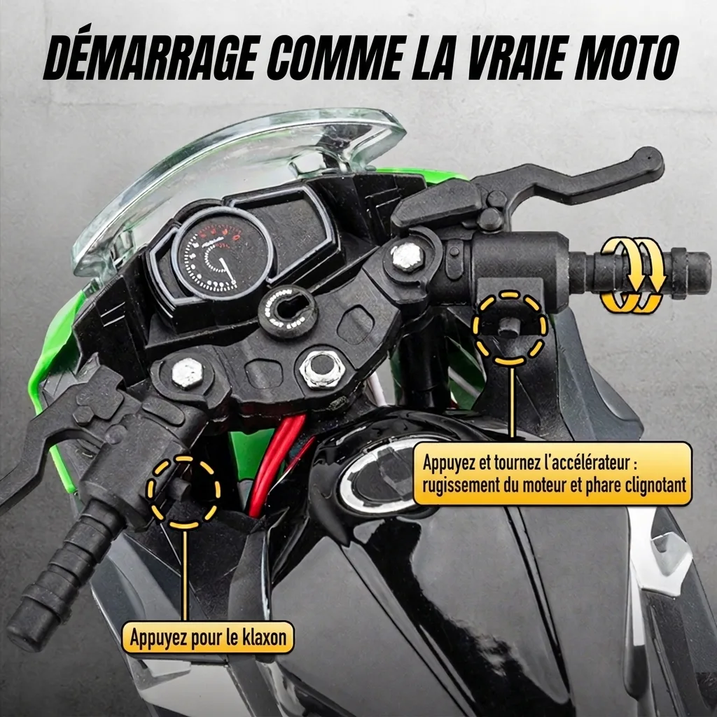 Démarrage réaliste de la moto à l'échelle 1:9 Kawasaki Ninja 400 : rugissement du moteur, phare et klaxon