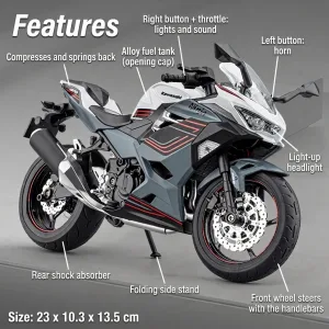 1:9 scale Kawasaki Ninja 400 model features: lights, sound, horn and suspension
