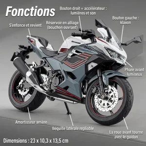 Fonctions de la moto à l'échelle 1:9 Kawasaki Ninja 400 : lumières, son, klaxon et suspensions