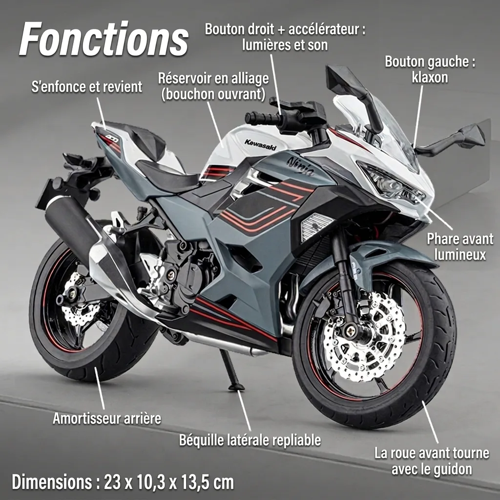 Fonctions de la moto à l'échelle 1:9 Kawasaki Ninja 400 : lumières, son, klaxon et suspensions