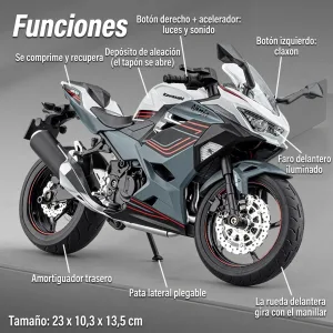 Funciones de la moto a escala 1:9 Kawasaki Ninja 400: luces, sonido, claxon y suspensión