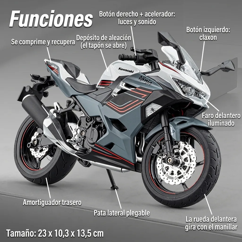 Funciones de la moto a escala 1:9 Kawasaki Ninja 400: luces, sonido, claxon y suspensión