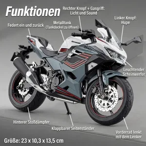 Funktionen des Kawasaki Ninja 400 Motorradmodells im Maßstab 1:9: Licht, Sound, Hupe und Federung