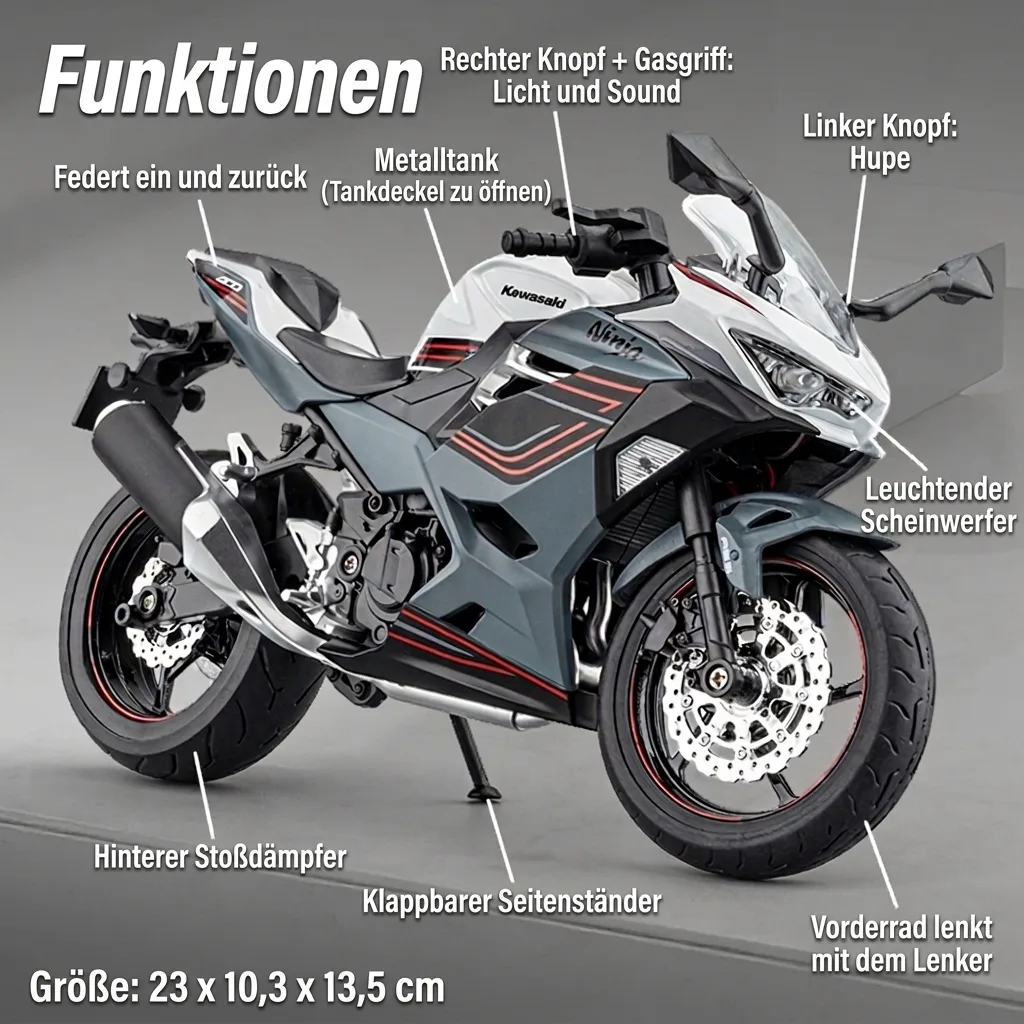 Funktionen des Kawasaki Ninja 400 Motorradmodells im Maßstab 1:9: Licht, Sound, Hupe und Federung