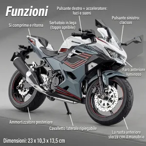Funzioni della moto in scala 1:9 Kawasaki Ninja 400: luci, suoni, clacson e sospensioni