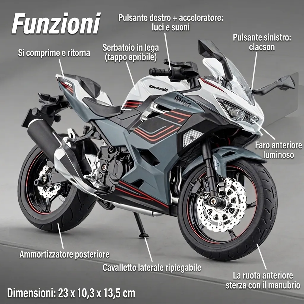Funzioni della moto in scala 1:9 Kawasaki Ninja 400: luci, suoni, clacson e sospensioni