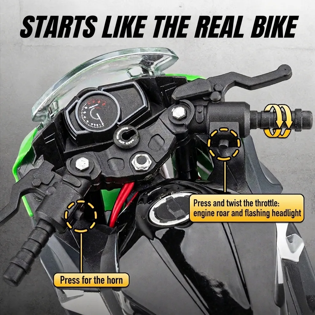 Realistic start-up of the 1:9 scale Kawasaki Ninja 400 model: engine roar, headlight and horn