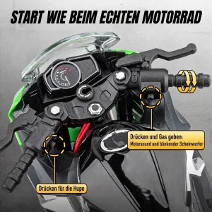 Realistischer Start des Kawasaki Ninja 400 Motorradmodells im Maßstab 1:9: Motorsound, Scheinwerfer und Hupe