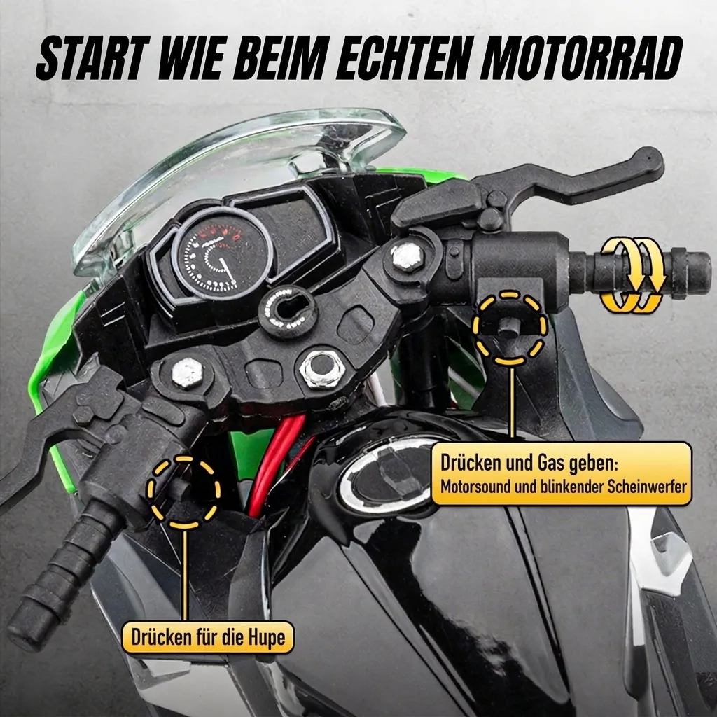 Realistischer Start des Kawasaki Ninja 400 Motorradmodells im Maßstab 1:9: Motorsound, Scheinwerfer und Hupe