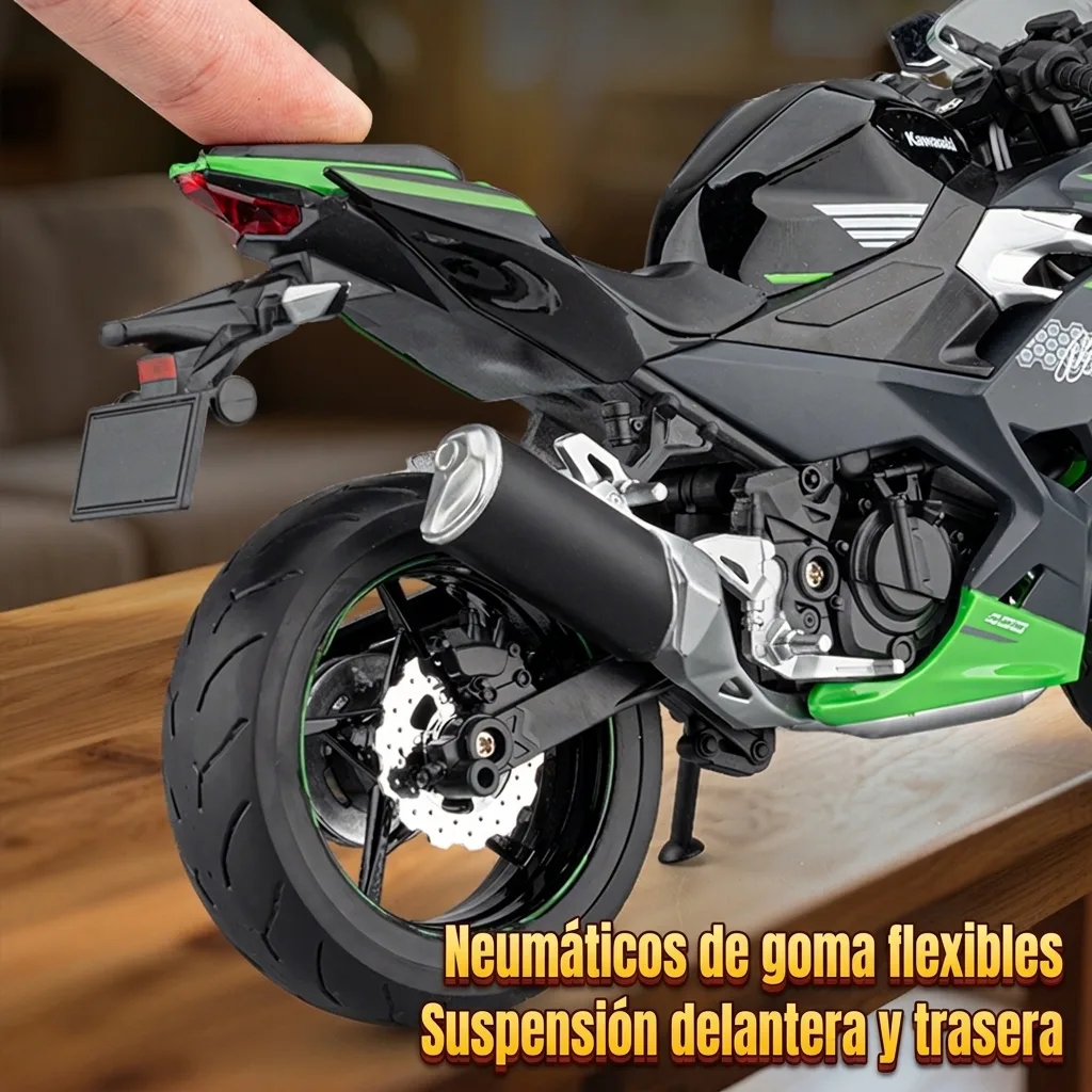Suspensión delantera y trasera y neumáticos de goma de la moto a escala 1:9 Kawasaki Ninja 400
