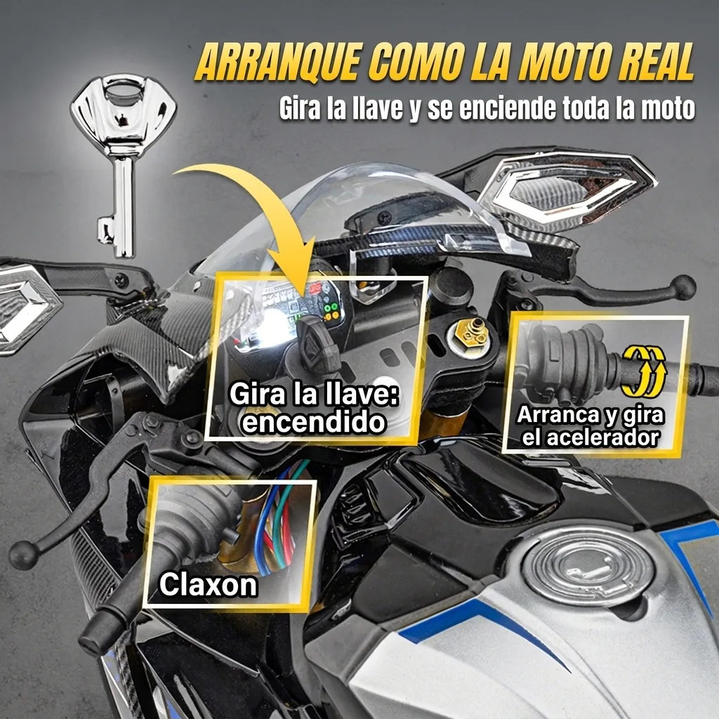 Moto a escala 1:6 Yamaha R1: arranque con llave como la moto real