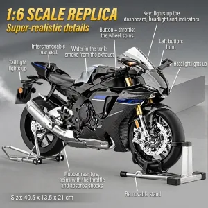 1:6 scale Yamaha R1 model details: lights, smoke, horn, interchangeable seat and stands