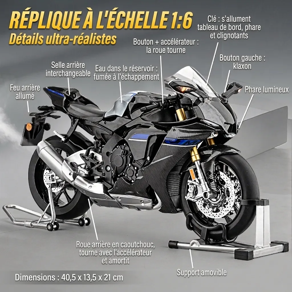 Détails de la moto miniature 1:6 Yamaha R1 : feux, fumée, klaxon, selle interchangeable et supports