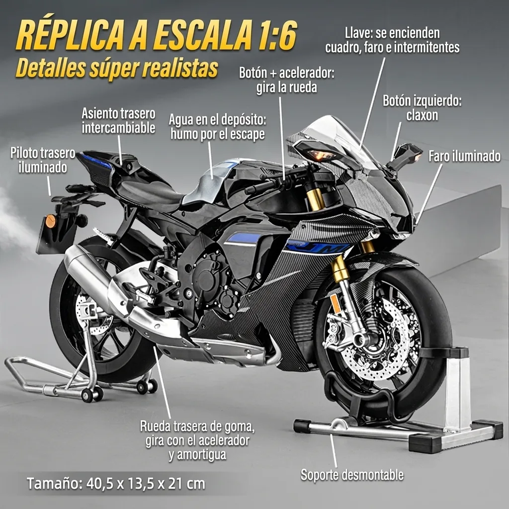 Detalles de la moto a escala 1:6 Yamaha R1: luces, humo, claxon, asiento intercambiable y soportes