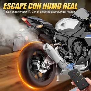 Moto a escala 1:6 Yamaha R1 echando humo por el escape