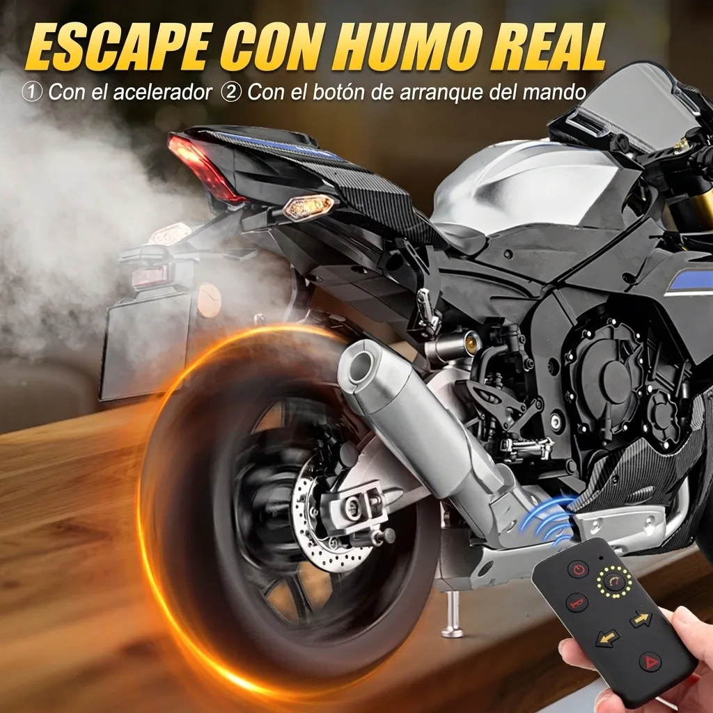Moto a escala 1:6 Yamaha R1 echando humo por el escape