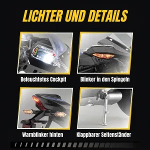 Lichter des Modellmotorrads Yamaha R1 im Maßstab 1:6: Cockpit, Blinker und Warnblinker