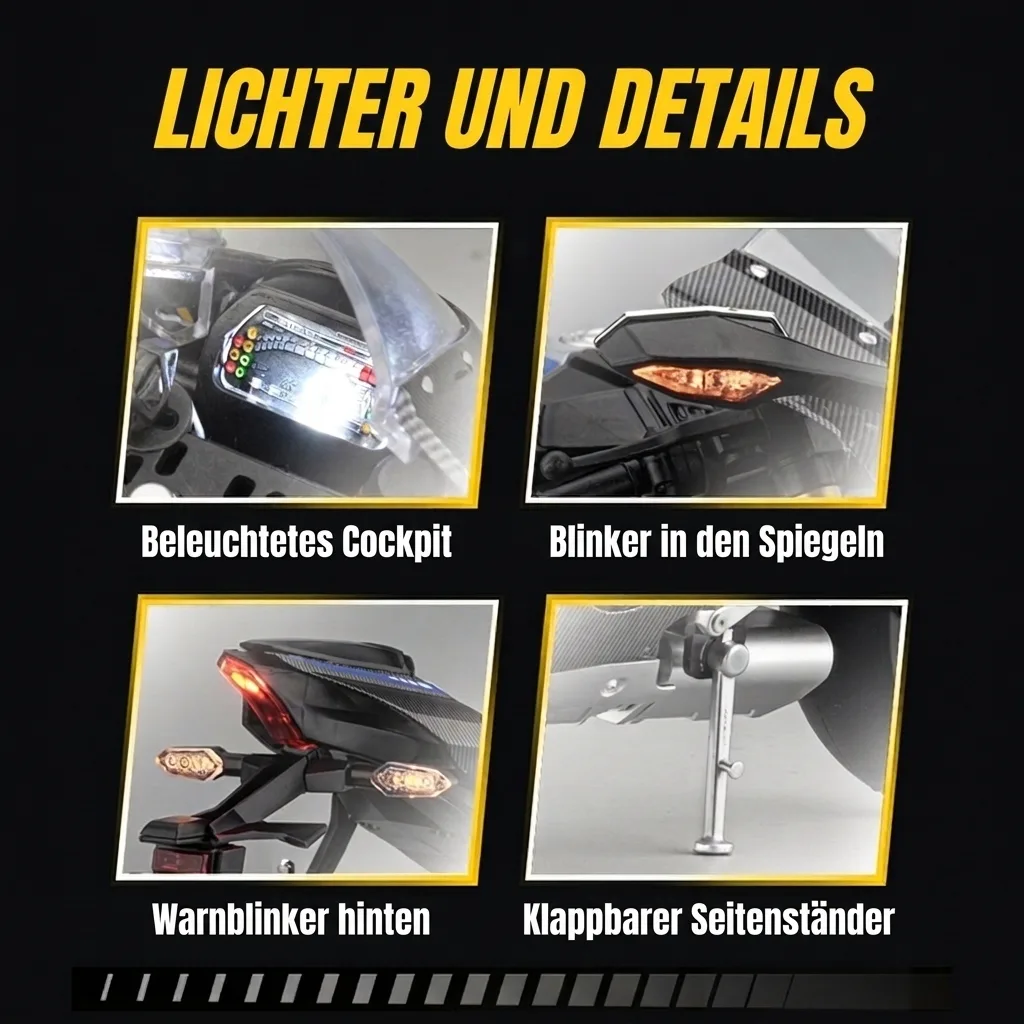 Lichter des Modellmotorrads Yamaha R1 im Maßstab 1:6: Cockpit, Blinker und Warnblinker