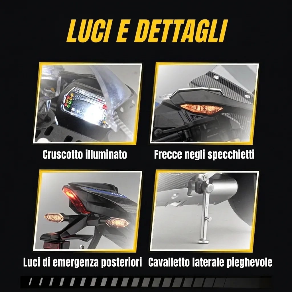Luci della moto in scala 1:6 Yamaha R1: cruscotto, frecce e luci di emergenza