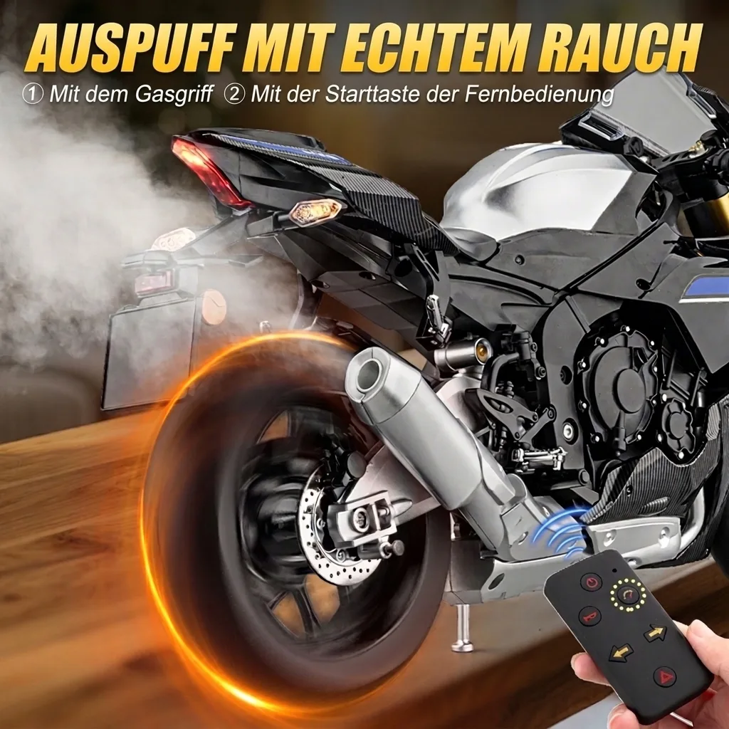 Modellmotorrad Yamaha R1 im Maßstab 1:6 mit Rauch aus dem Auspuff