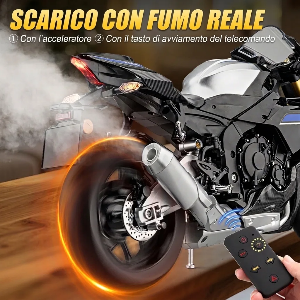 Moto in scala 1:6 Yamaha R1 con fumo dallo scarico